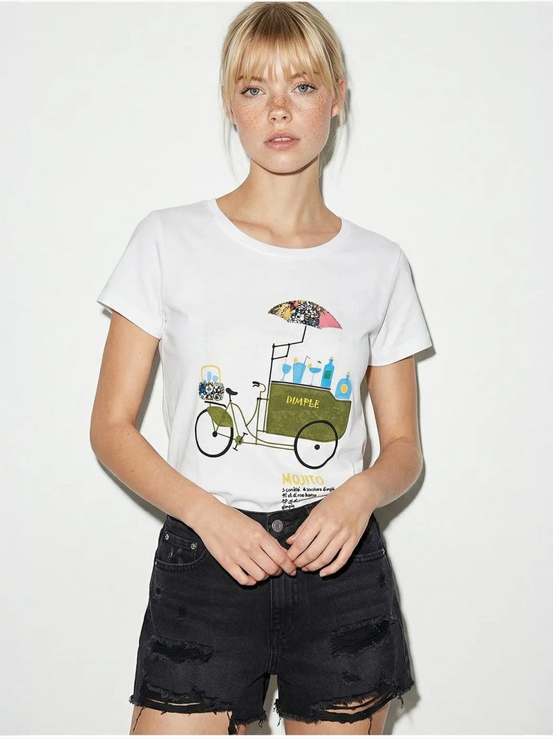 T-shirt de gola redonda estampada com bordado lucci Branco - Kiabi
