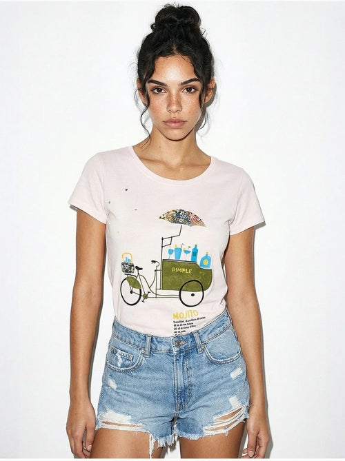 T-shirt de gola redonda estampada com bordado lucci - Kiabi