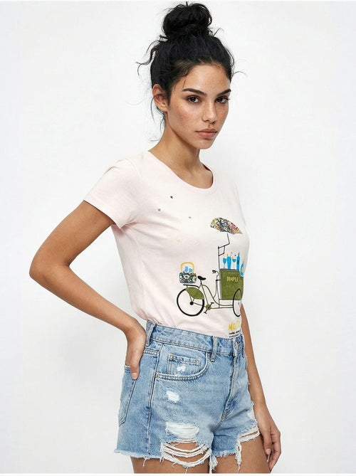 T-shirt de gola redonda estampada com bordado lucci - Kiabi