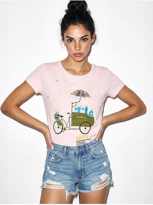 T-shirt de gola redonda estampada com bordado lucci - Kiabi