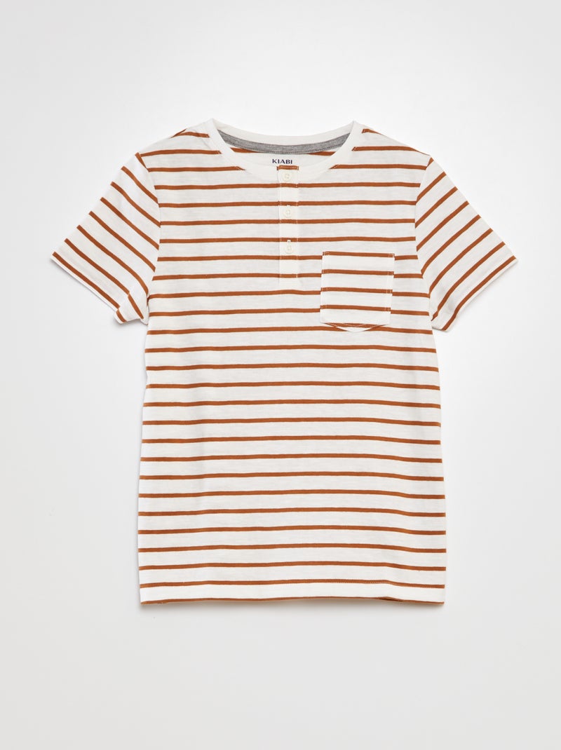 T-shirt de gola tunisina com riscas MARROM - Kiabi