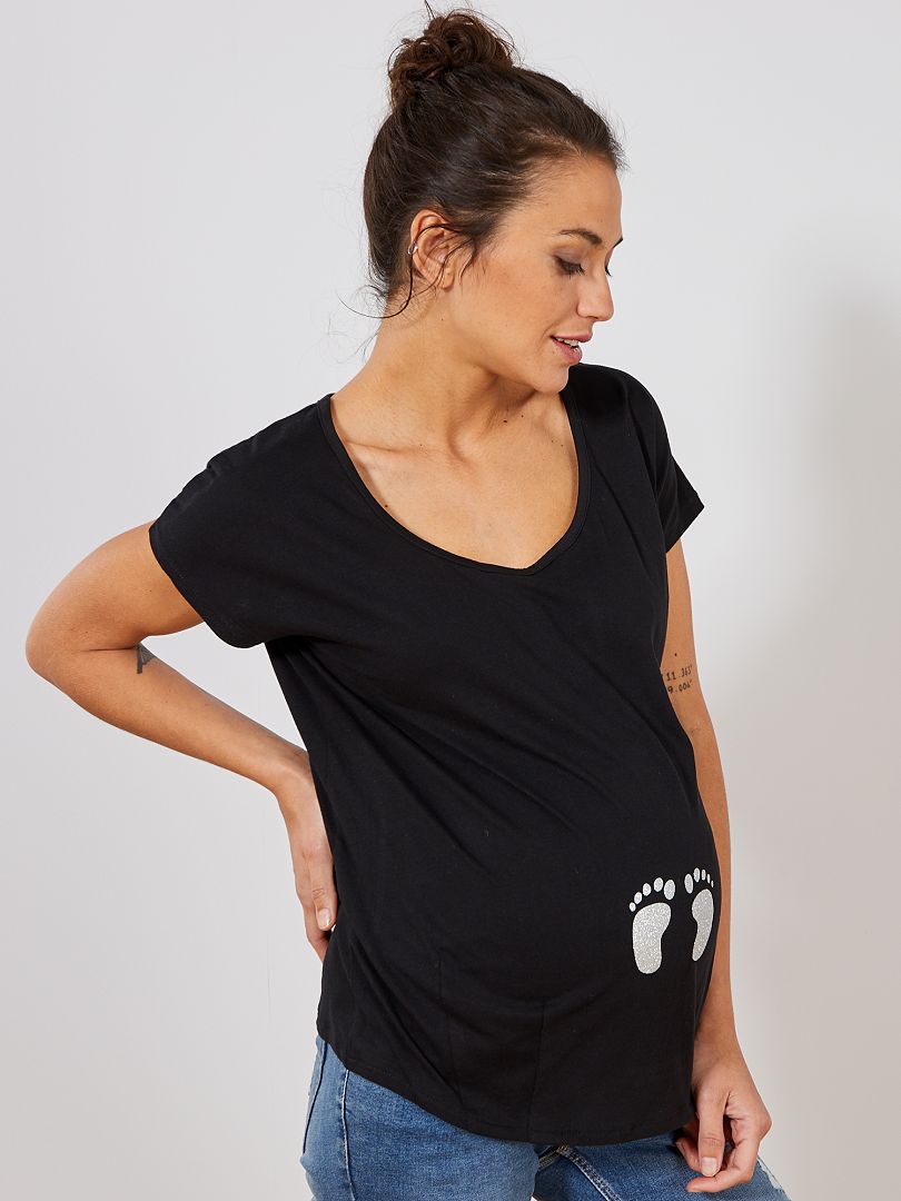 T-shirt de grávida em algodão biológico estampado Preto - Kiabi