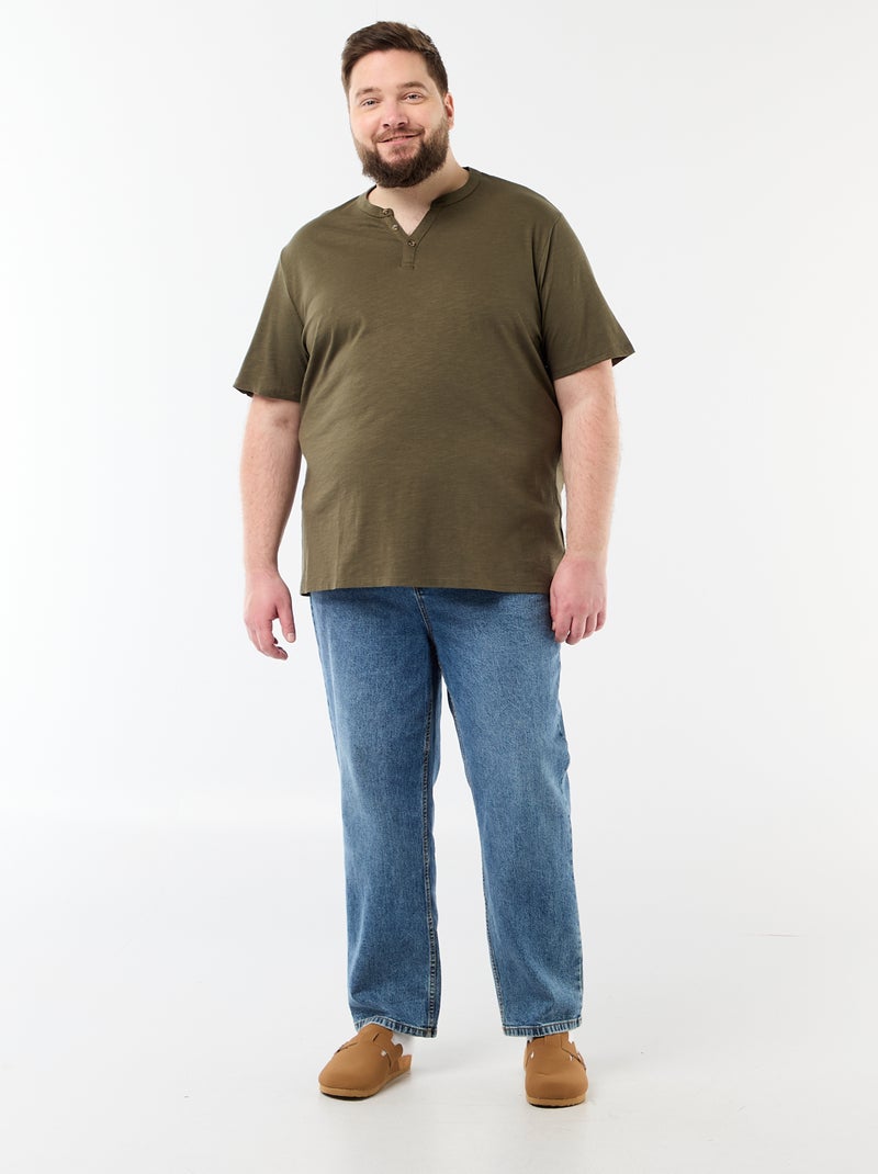 T-shirt de jérsei com gola tunisiana e mangas curtas Caqui - Kiabi