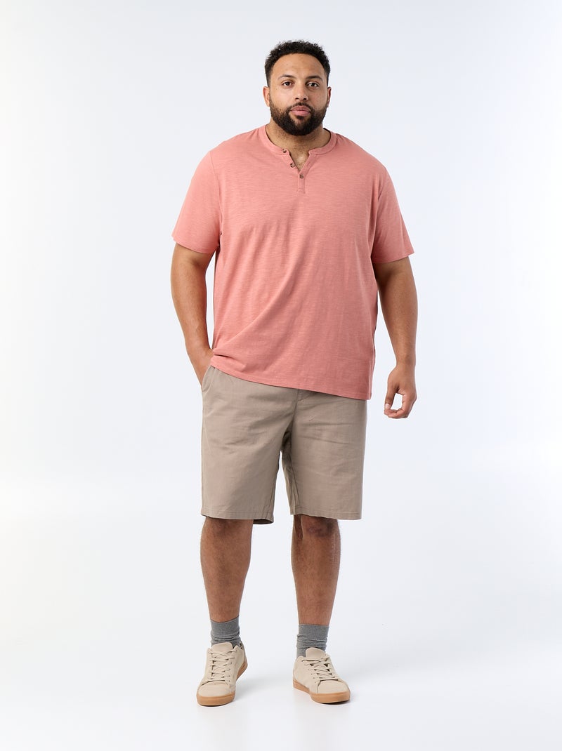 T-shirt de jérsei com gola tunisiana e mangas curtas Rosa - Kiabi