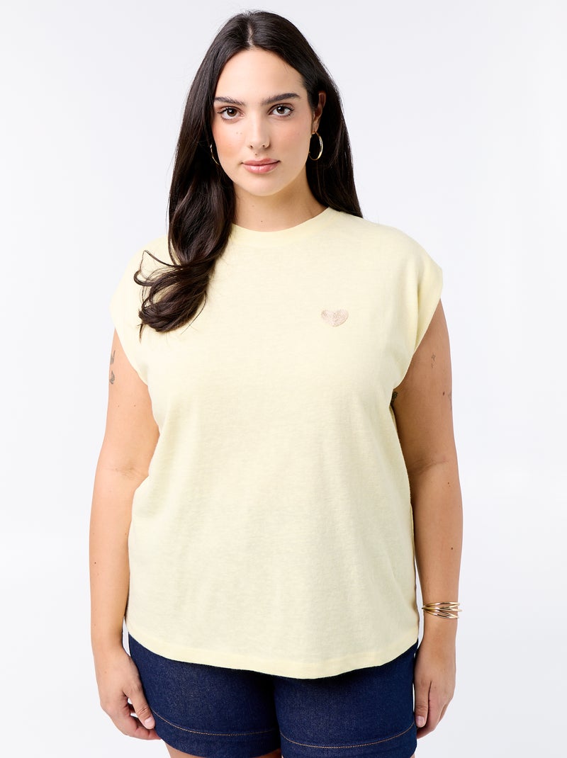 T-shirt de jérsei sem mangas com pequeno bordado no peito Amarelo - Kiabi