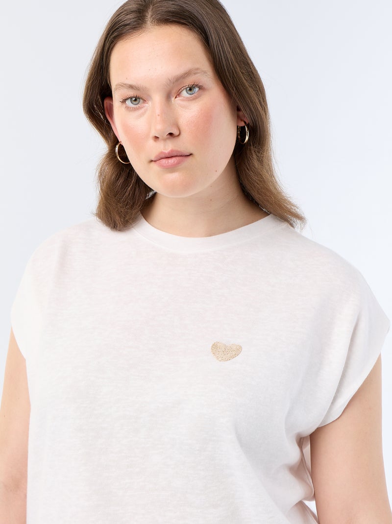 T-shirt de jérsei sem mangas com pequeno bordado no peito Bege - Kiabi
