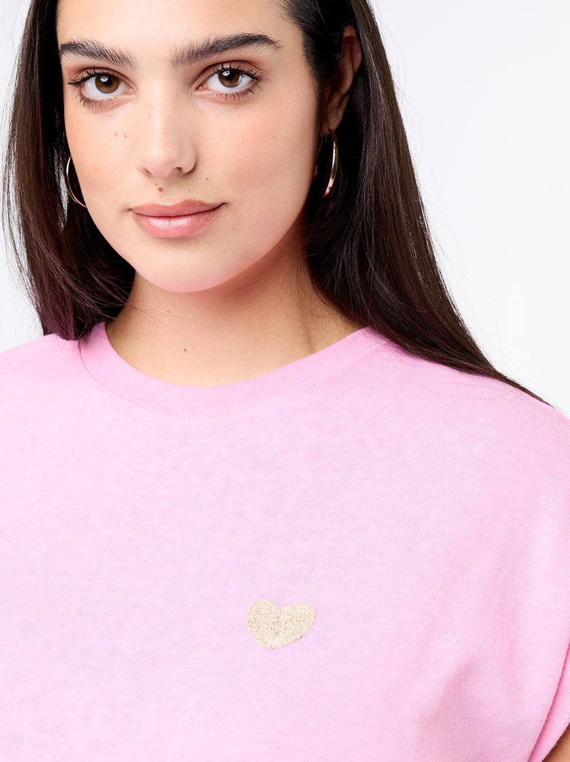 T-shirt de jérsei sem mangas com pequeno bordado no peito Rosa - Kiabi