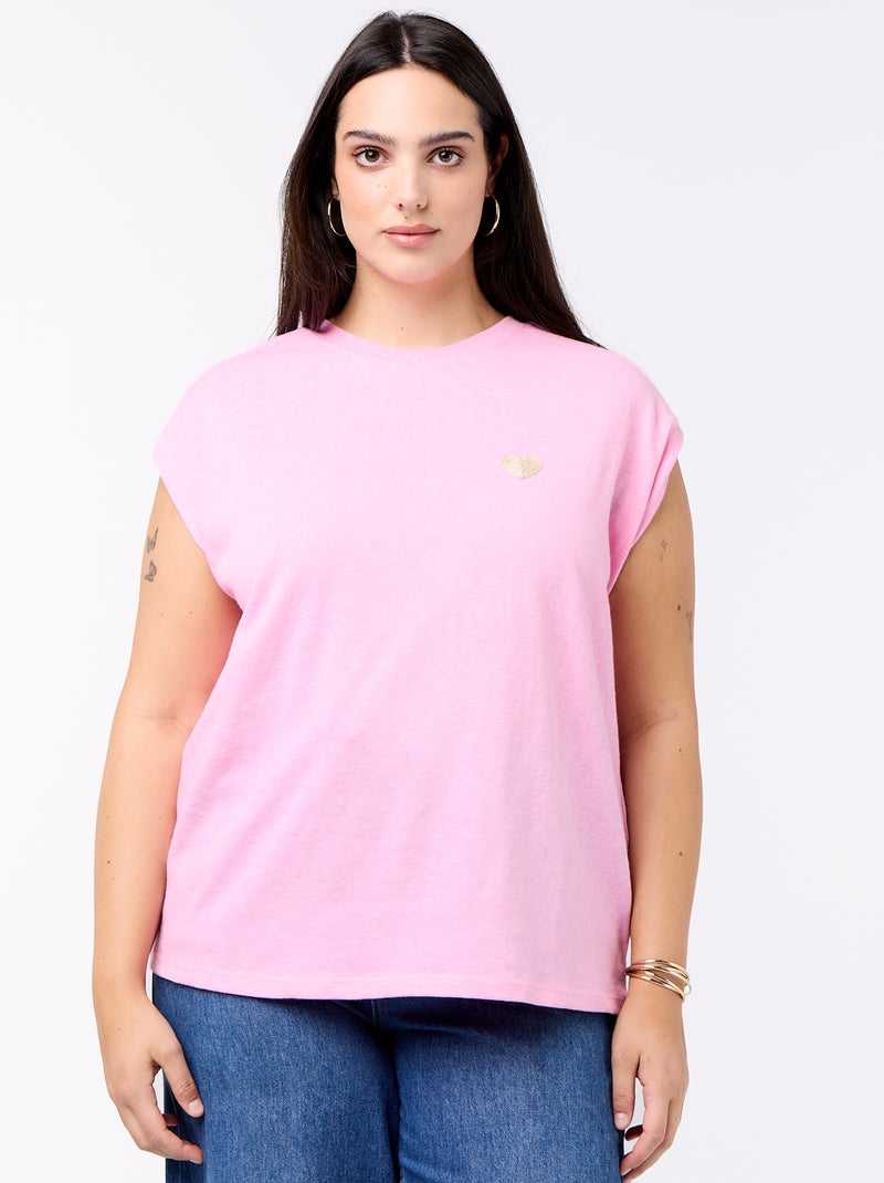T-shirt de jérsei sem mangas com pequeno bordado no peito Rosa - Kiabi