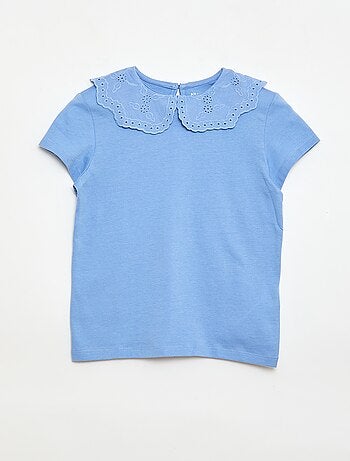 T-shirt de jersey com gola redonda e bordado inglês