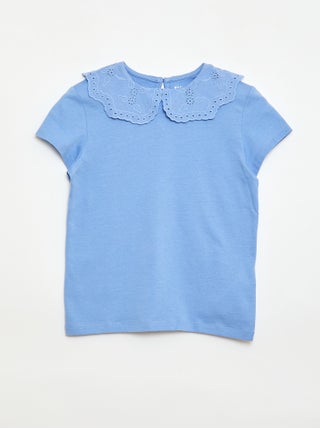 T-shirt de jersey com gola redonda e bordado inglês
