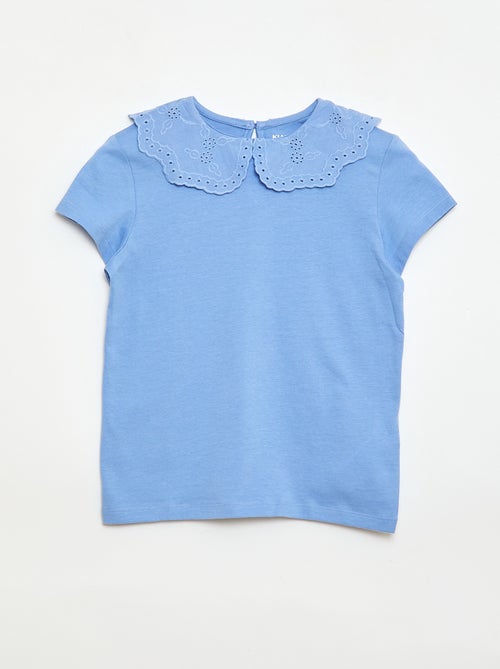 T-shirt de jersey com gola redonda e bordado inglês - Kiabi