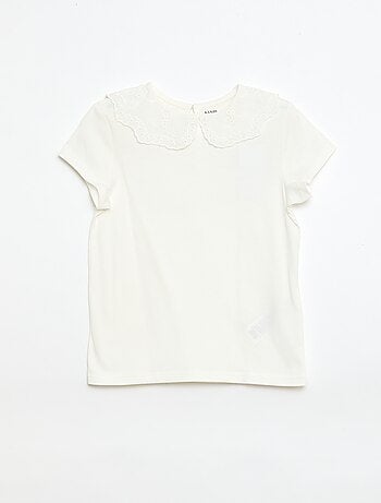 T-shirt de jersey com gola redonda e bordado inglês