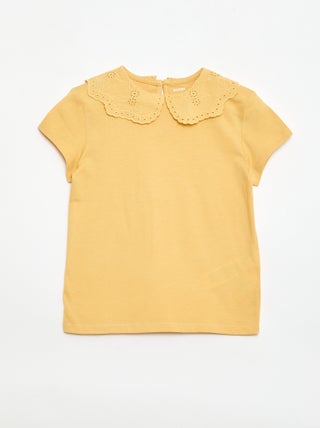 T-shirt de jersey com gola redonda e bordado inglês