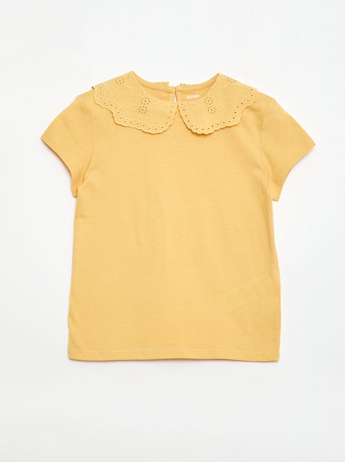 T-shirt de jersey com gola redonda e bordado inglês - Kiabi