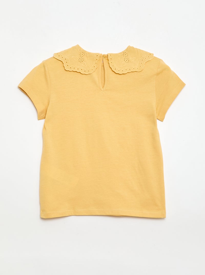 T-shirt de jersey com gola redonda e bordado inglês Mostarda - Kiabi