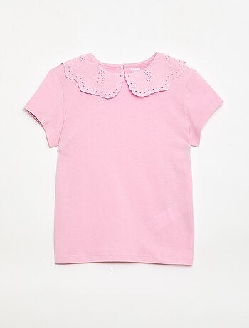 T-shirt de jersey com gola redonda e bordado inglês