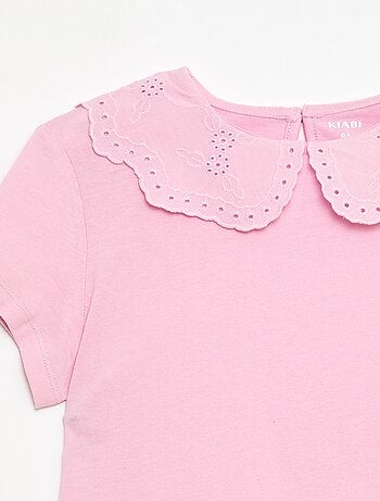 T-shirt de jersey com gola redonda e bordado inglês