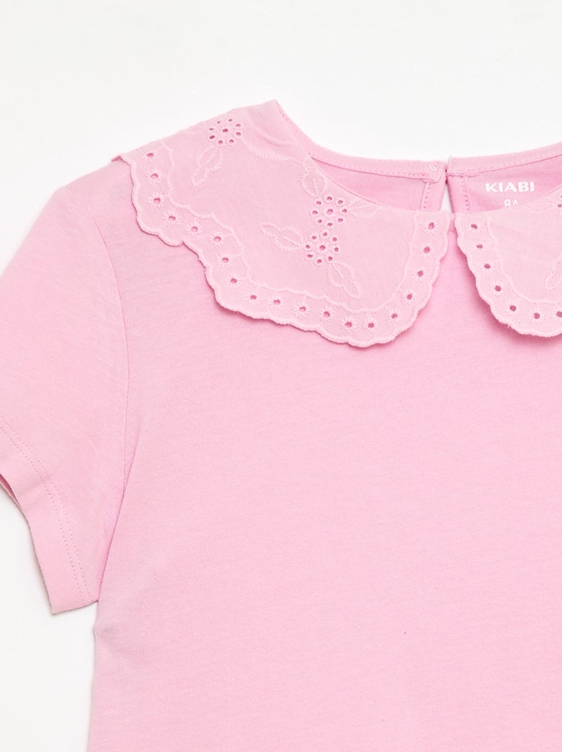 T-shirt de jersey com gola redonda e bordado inglês Rosa - Kiabi