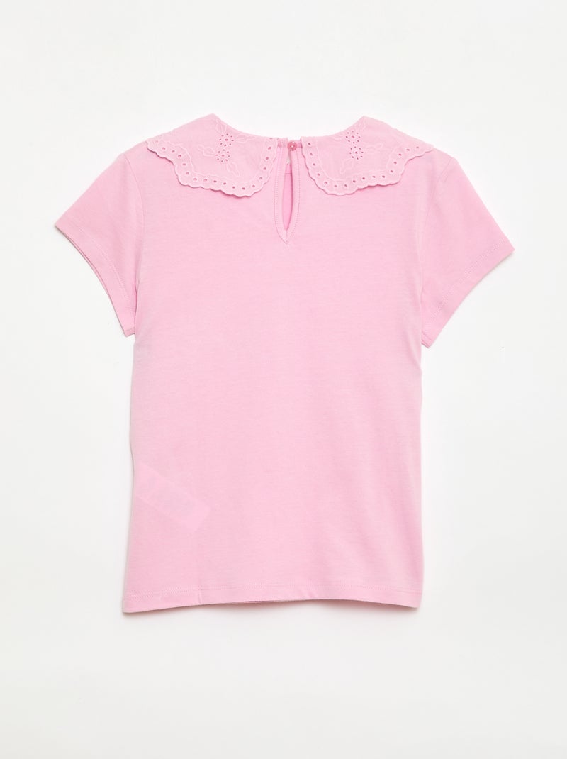 T-shirt de jersey com gola redonda e bordado inglês Rosa - Kiabi