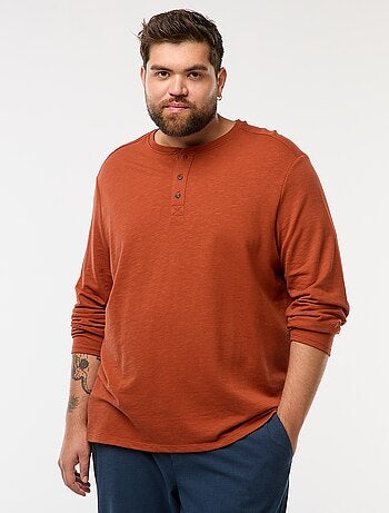 T-shirt de jersey de manga comprida com gola tunisina