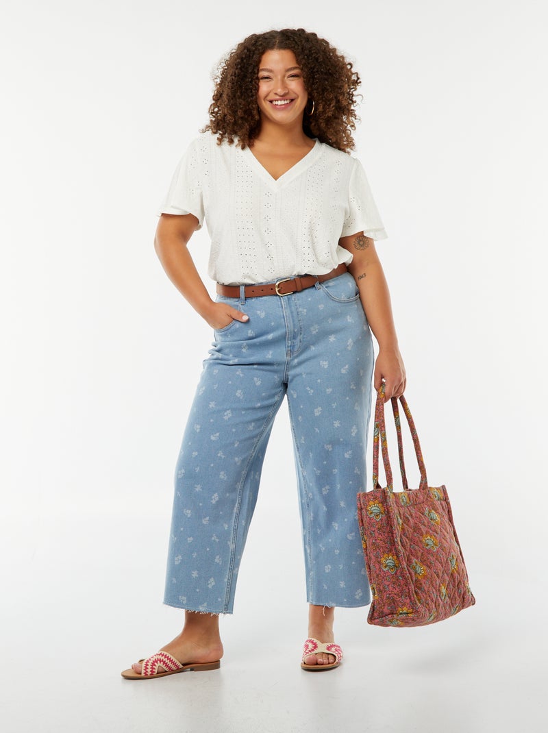 T-shirt de malha ajurada de manga curta tipo morcego Branco - Kiabi