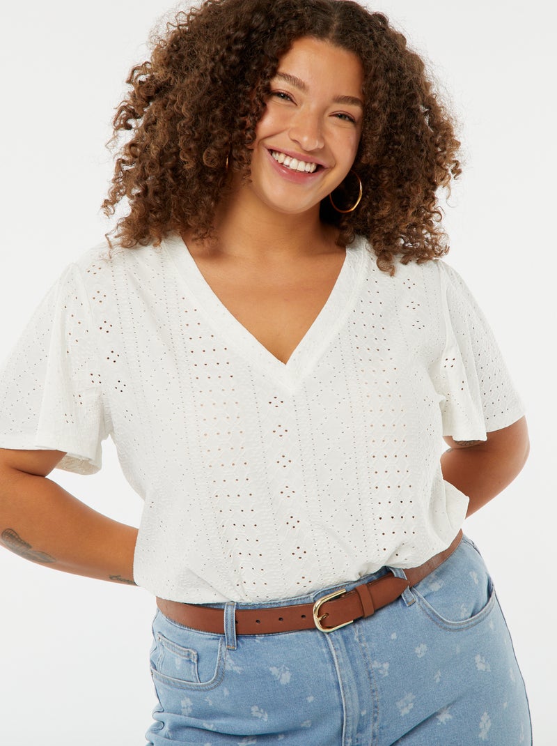 T-shirt de malha ajurada de manga curta tipo morcego Branco - Kiabi