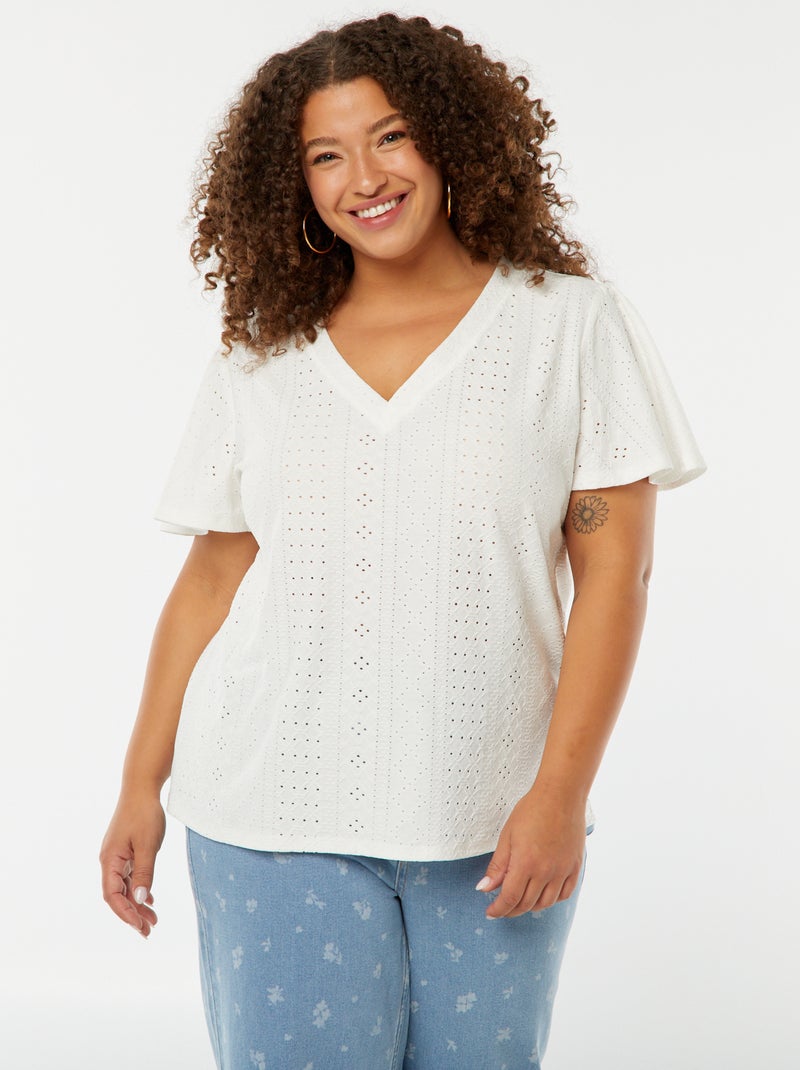 T-shirt de malha ajurada de manga curta tipo morcego Branco - Kiabi