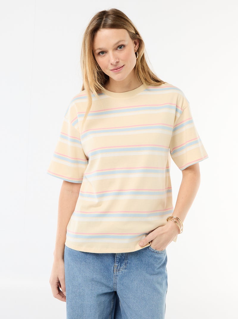 T-shirt de malha às riscas com mangas curtas Amarelo - Kiabi