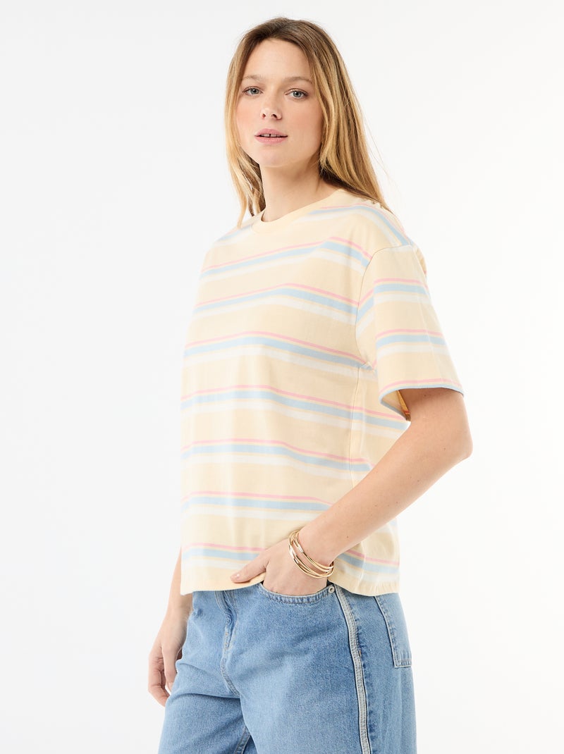 T-shirt de malha às riscas com mangas curtas Amarelo - Kiabi