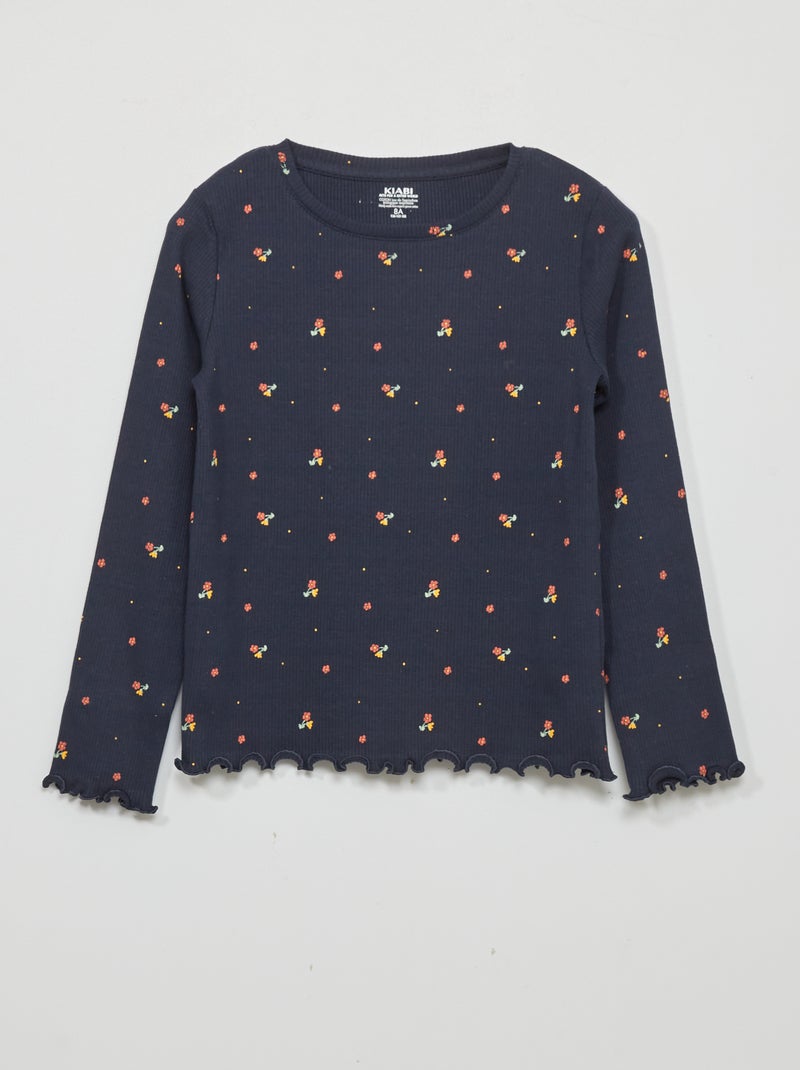 T-shirt de malha canelada com estampado AZUL - Kiabi