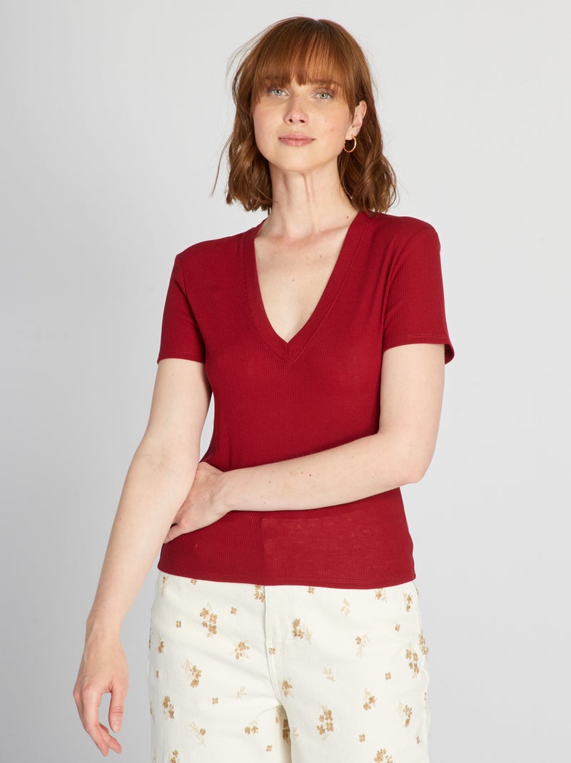 T-shirt de malha canelada VERMELHO - Kiabi