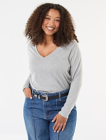 T-shirt de malha com decote em V e mangas curtas