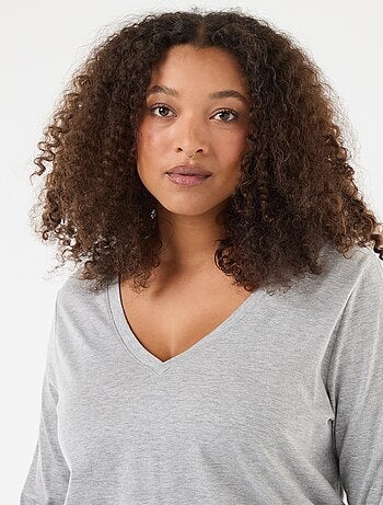 T-shirt de malha com decote em V e mangas curtas