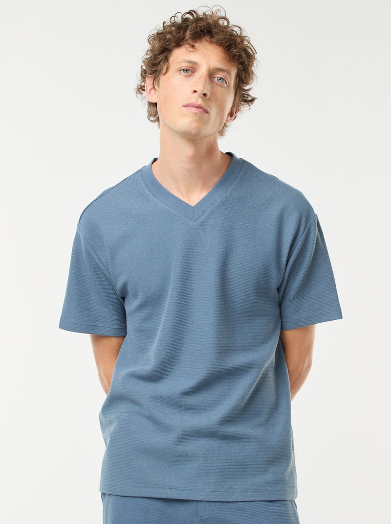 T-shirt de malha com gola em bico Azul - Kiabi