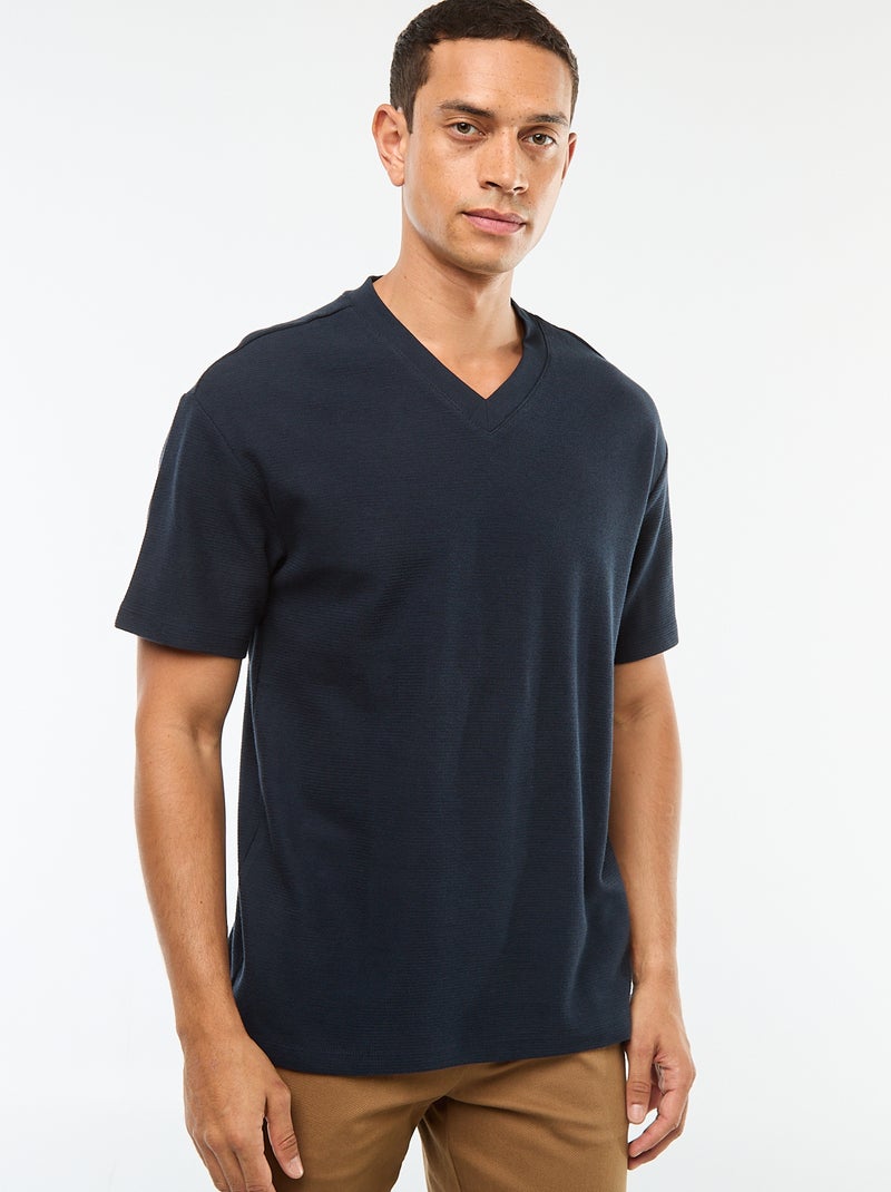 T-shirt de malha com gola em bico Azul - Kiabi