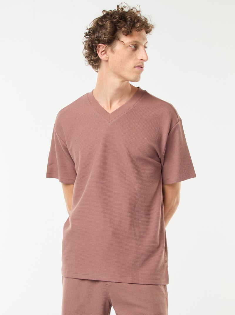 T-shirt de malha com gola em bico Castanho - Kiabi