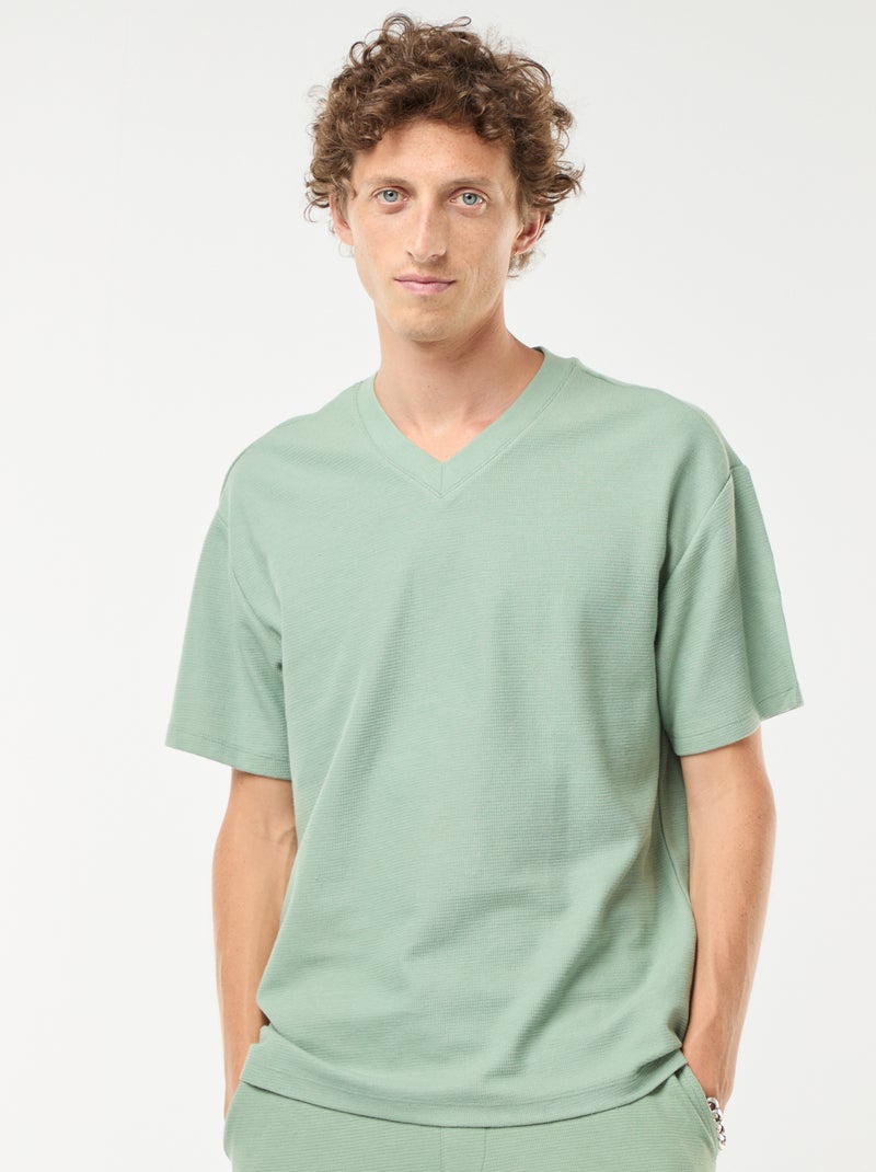 T-shirt de malha com gola em bico Verde - Kiabi