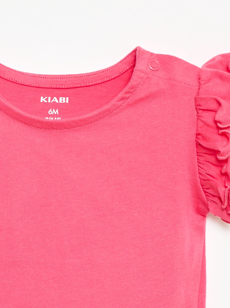 T-shirt de malha com mangas curtas com folhos Rosa - Kiabi