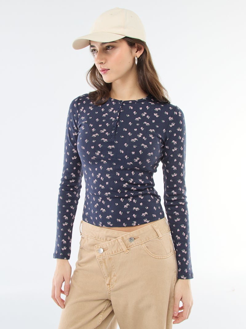 T-shirt de malha com padrão floral Azul - Kiabi