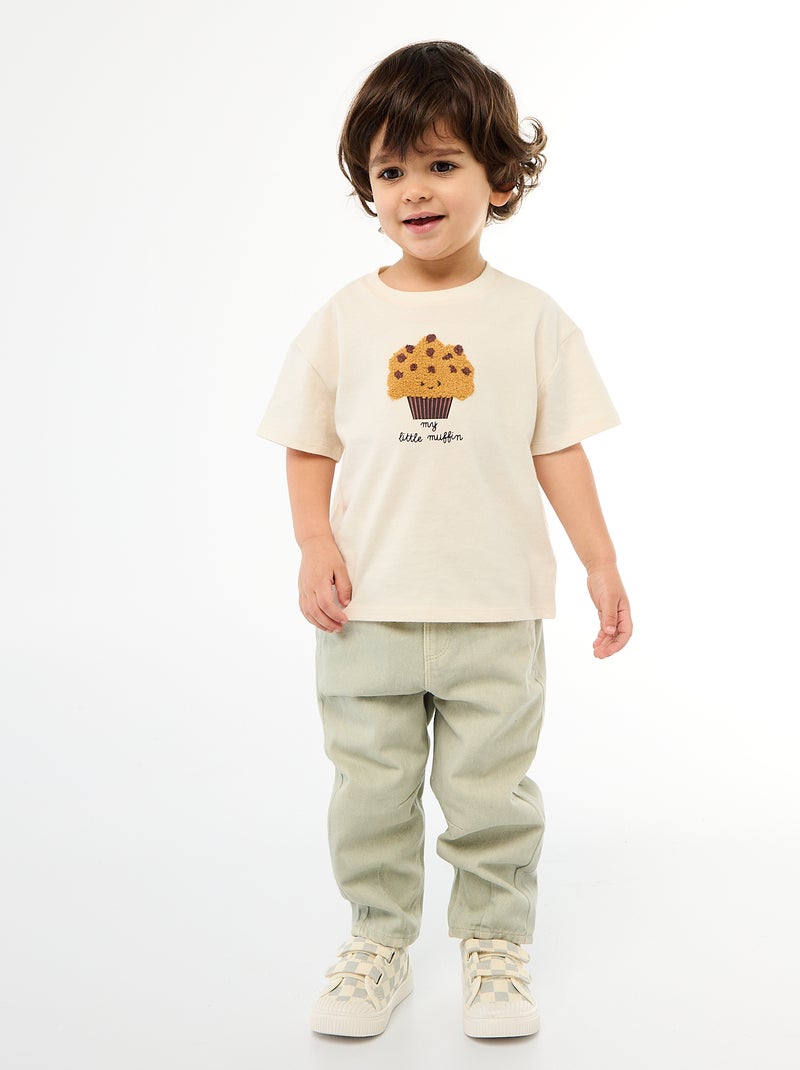 T-shirt de malha de manga curta com bolso no peito estampado Branco - Kiabi