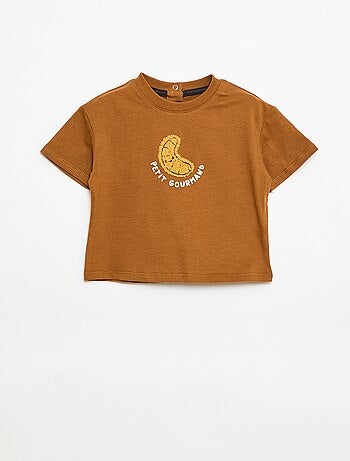 T-shirt de malha de manga curta com bolso no peito estampado