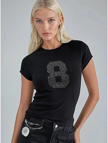 T-shirt de malha elástica de manga curta com detalhe em pedra busem