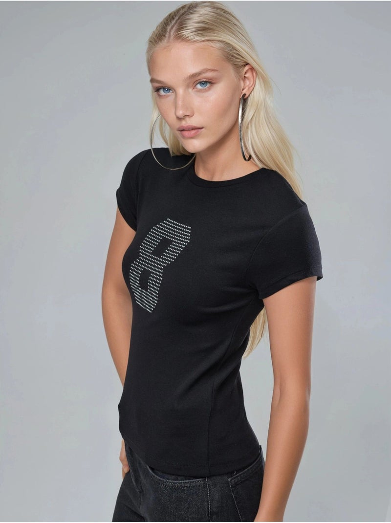 T-shirt de malha elástica de manga curta com detalhe em pedra busem Preto - Kiabi