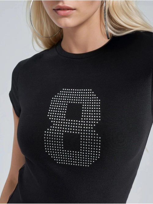 T-shirt de malha elástica de manga curta com detalhe em pedra busem - Kiabi