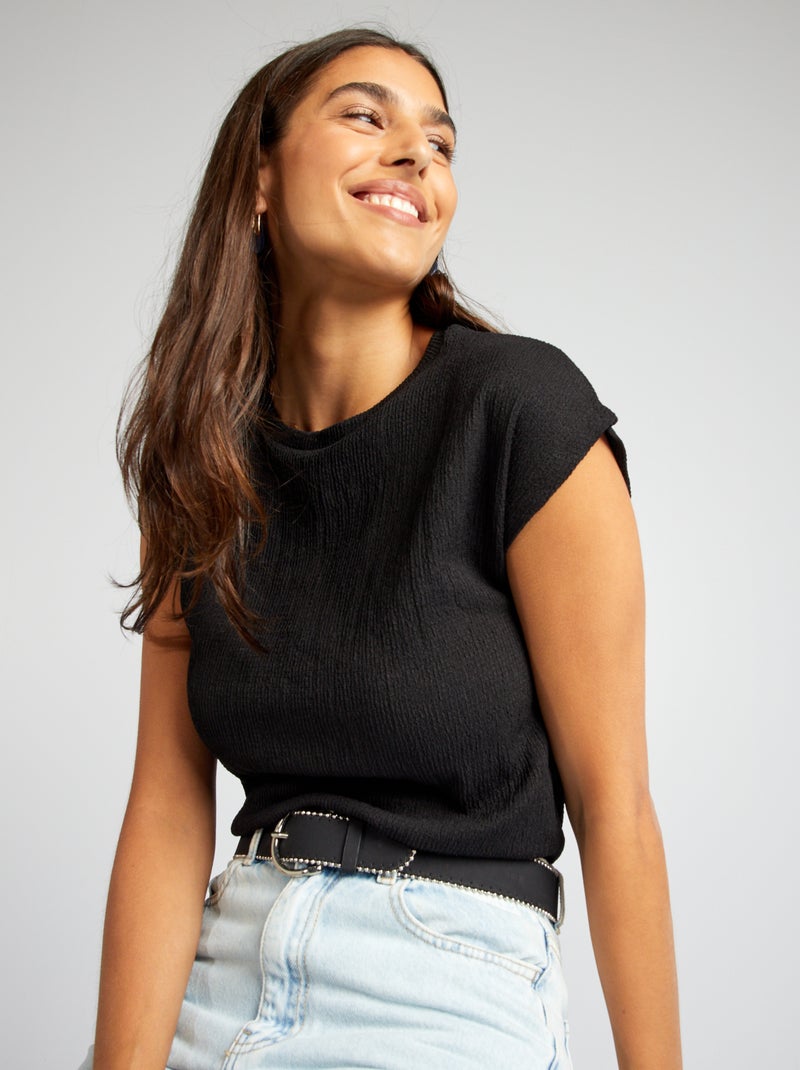 T-shirt de malha gofrada com gola redonda Preto - Kiabi