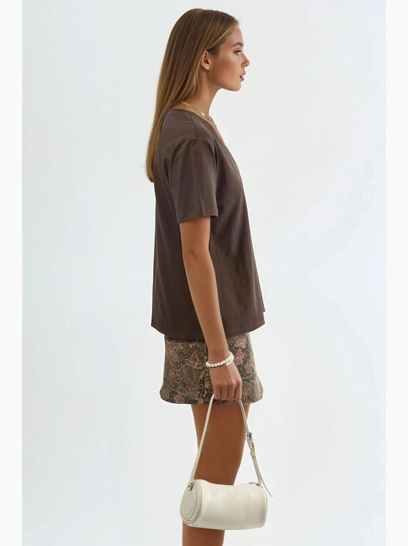 T-shirt de malha lisa com decote em v busem Castanho-chocolate - Kiabi