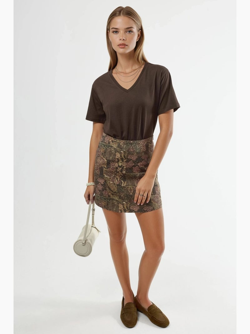 T-shirt de malha lisa com decote em v busem Castanho-chocolate - Kiabi