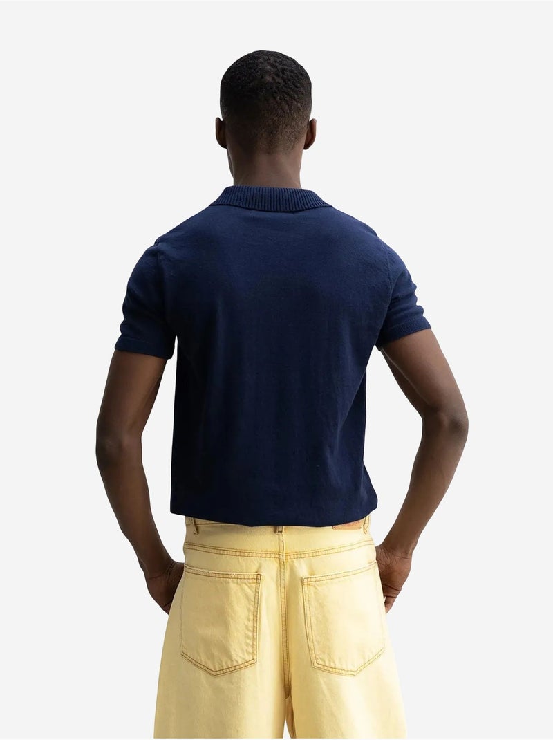 T-shirt de malha lisa com gola polo giesto Azul-marinho - Kiabi