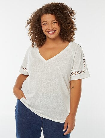 T-shirt de malha matizada com pormenores em macramé