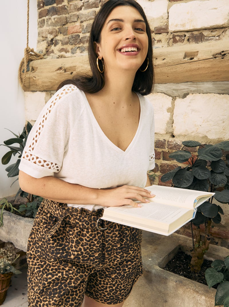 T-shirt de malha matizada com pormenores em macramé Branco - Kiabi